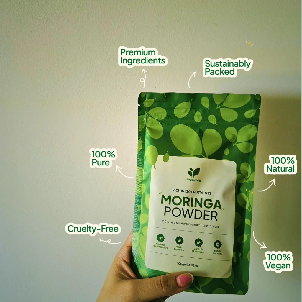 MRM Nutrition Organic Moringa Powder bag with a bowl of green dried moringa powder and a cup of fresh moringa tea.