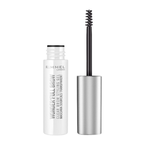 Rimmel London Wonder’Full Clear Brow Gel bottle and tapered wand for easy eyebrow drawing.