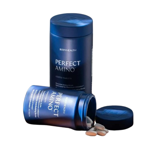 Perfect amino coated tablets bottle by BodyHealth, advanced amino acid supplement for muscle recovery, strength, and daily wellness