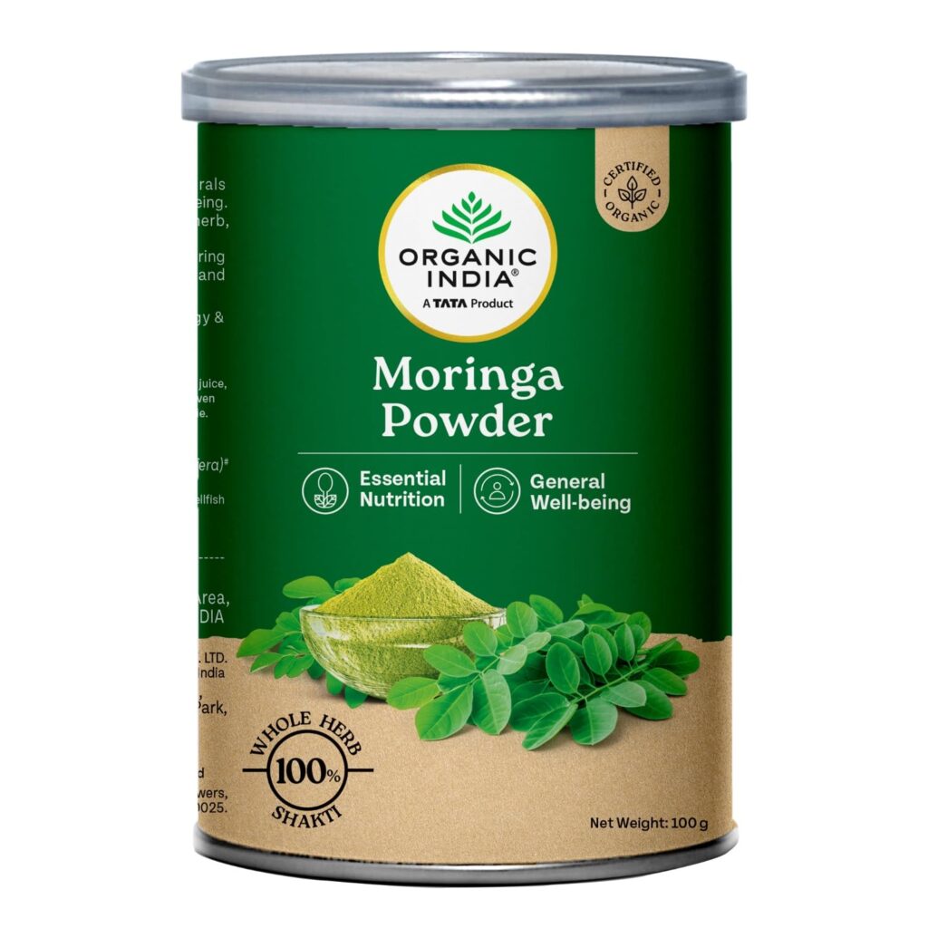 MRM Nutrition Organic Moringa Powder bag with a bowl of green dried moringa powder and a cup of fresh moringa tea.