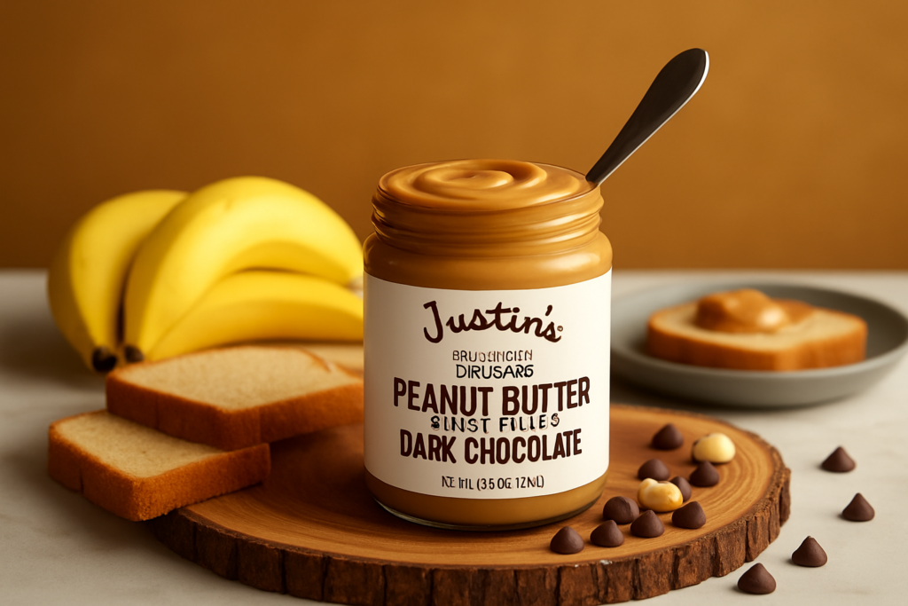 Justin's Peanut Butter jar made with high-quality roasted peanuts, natural and non-GMO nut butter spread