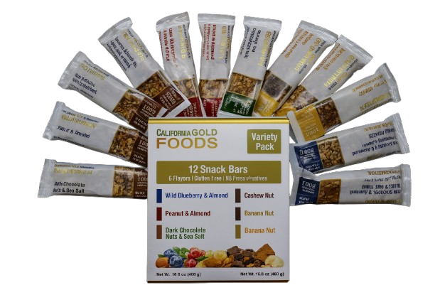California Gold Nutrition Foods Variety Pack Snack Bars (12 Bars) displayed in a premium fan-style arrangement showcasing multiple flavors.