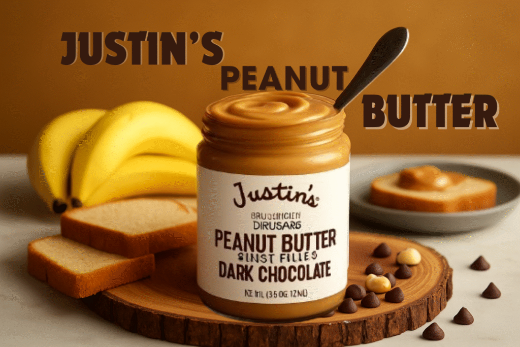 Justin’s Peanut Butter jar on a wooden board with bananas, bread slices, and chocolate chips, featuring bold text ‘Justin’s Peanut Butter’ in the background