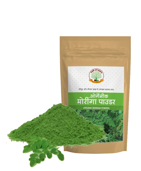 MRM Nutrition Organic Moringa Powder bag with a bowl of green dried moringa powder and a cup of fresh moringa tea.