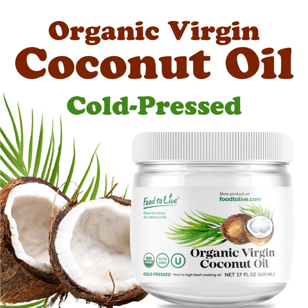 Natural Coconut Oil product display with fresh coconuts