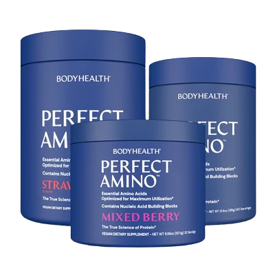 Perfect amino coated tablets bottle by BodyHealth, advanced amino acid supplement for muscle recovery, strength, and daily wellness