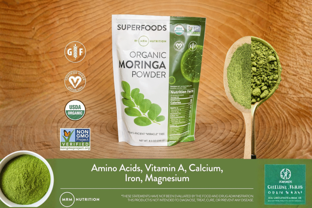 MRM Nutrition Organic Moringa Powder bag with a bowl of green dried moringa powder and a cup of fresh moringa tea.