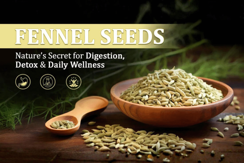 Close-up of green organic fennel seeds in a wooden bowl, used as a cooking spice.