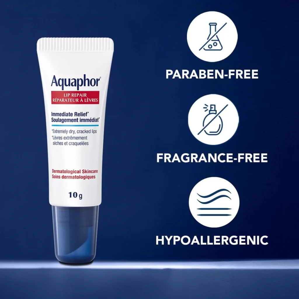 Aquaphor Lip Balm Repair Immediate Relief fragrance-free lip balm tube for dry and chapped lips