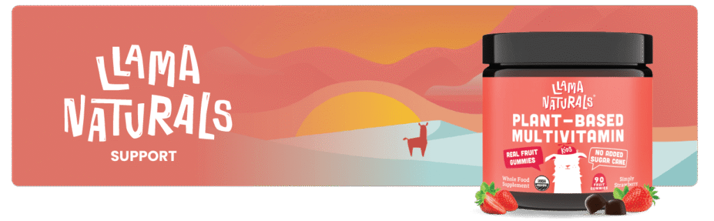 Llama Naturals Kids Elderberry Real Fruit Gummies Very Berry flavor bottle made with organic elderberries for children’s immune support