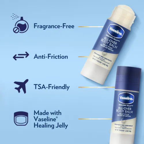 A high-quality 4K product display of Vaseline Healing Jelly Fragrance Free sticks showing the smooth texture and "Soft, Smooth Skin On-the-Go" branding.
