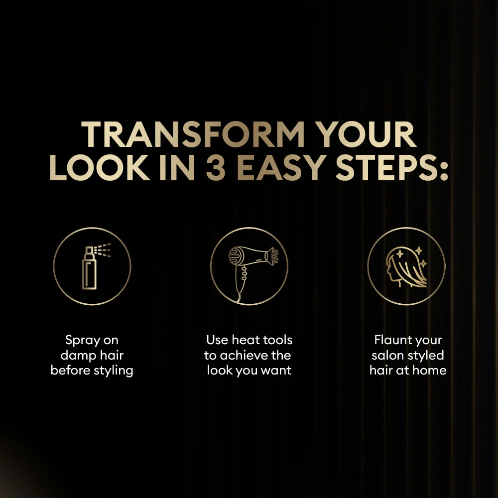 A bottle of TRESemmé Thermal Creations Heat Protection Spray being applied to hair to prevent heat damage.