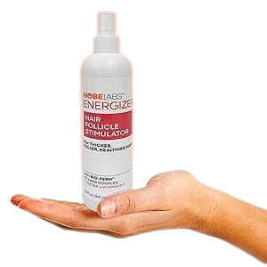 A bottle of Hobe Labs Energizer Hair Follicle Stimulator with Bio-Ferm herbal complex to treat a blocked hair follicle and thinning scalp