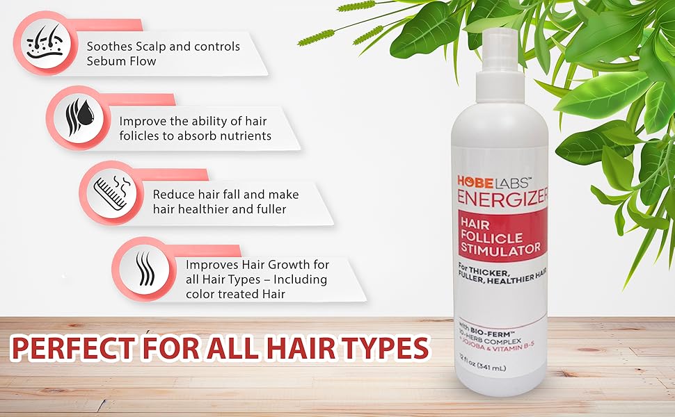 A bottle of Hobe Labs Energizer Hair Follicle Stimulator with Bio-Ferm herbal complex to treat a blocked hair follicle and thinning scalp