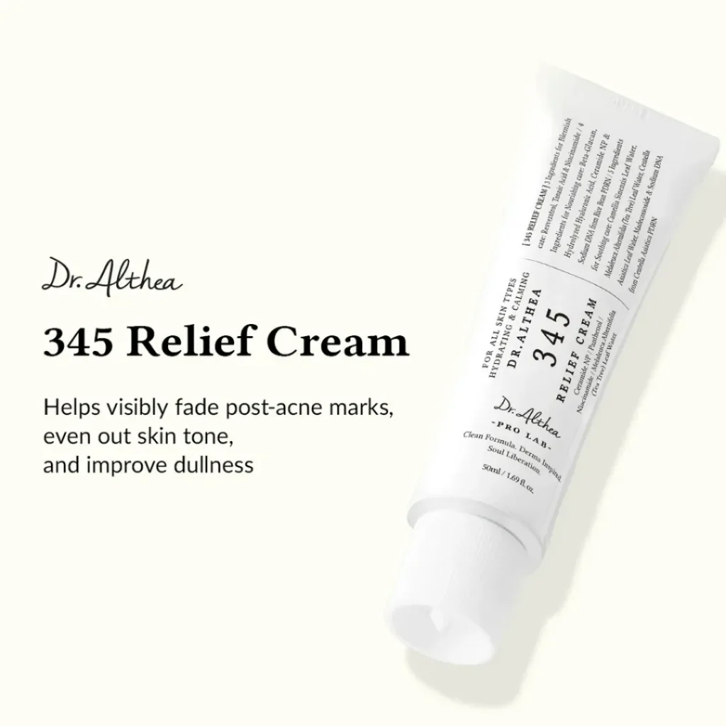 A 50ml tube of Dr. Althea 345 Relief Cream standing on a clean white surface, showcasing the premium K-beauty packaging for powerful soothing care.