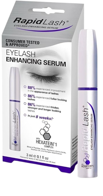 RapidLash Eyelash Enhancing Serum bottle designed to support longer and healthier eyelashes
