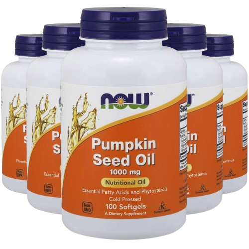 A bottle of NOW Foods Premium Pumpkin Seed Oil 100 softgels for nutritional support.
