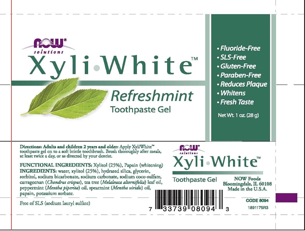 A tube of NOW Foods Solutions XyliWhite Refreshing Toothpaste Gel in Refreshmint flavor featuring a 25% xylitol fluoride-free formula.