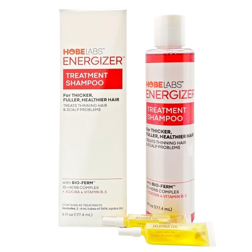 A bottle of Hobe Labs Energizer Hair Follicle Stimulator with Bio-Ferm herbal complex to treat a blocked hair follicle and thinning scalp