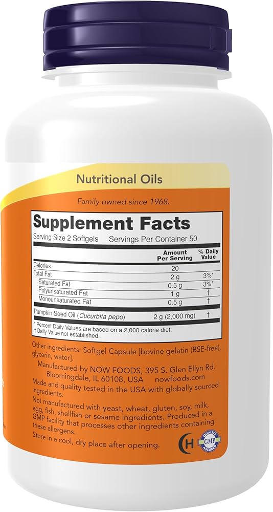 A bottle of NOW Foods Premium Pumpkin Seed Oil 100 softgels for nutritional support.