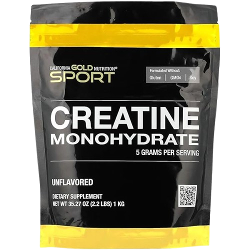 A container of California Gold Nutrition Sport Pure Creatine monohydrate powder on a clean white background.
