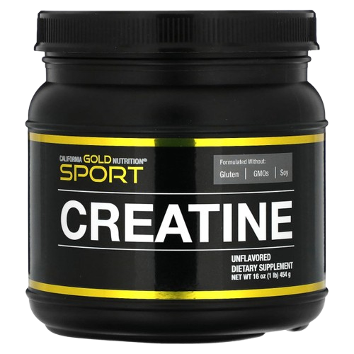 A container of California Gold Nutrition Sport Pure Creatine monohydrate powder on a clean white background.