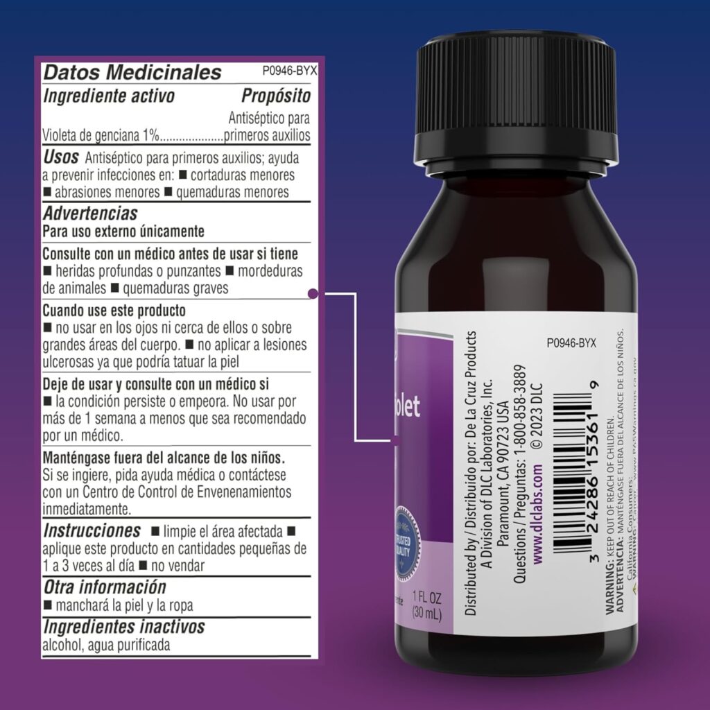 A 1oz bottle of Gentian Violet 1 percent first aid antiseptic solution for skin infections and thrush