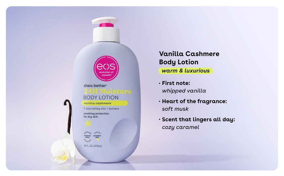 EOS Shea Better 24H Moisture Body Lotion in Vanilla Cashmere on a white tray with a coffee cup and white orchids.