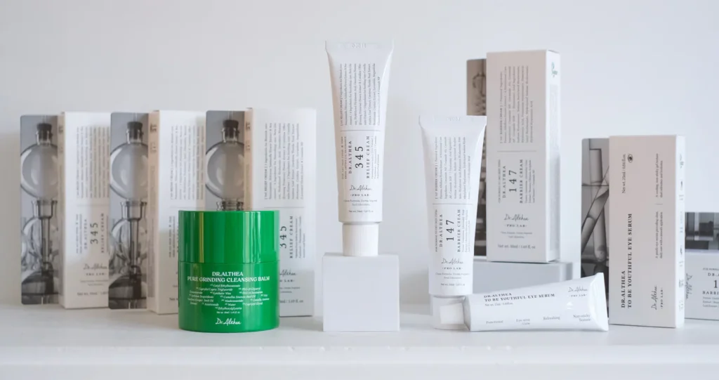 A 50ml tube of Dr. Althea 345 Relief Cream standing on a clean white surface, showcasing the premium K-beauty packaging for powerful soothing care.