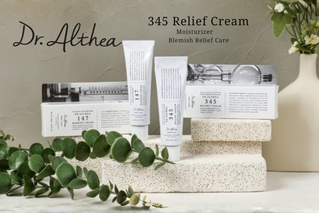 Dr. Althea 345 Relief Cream – Powerful Soothing Care A 50ml tube of Dr. Althea 345 Relief Cream standing on a clean white surface, showcasing the premium K-beauty packaging for powerful soothing care.
