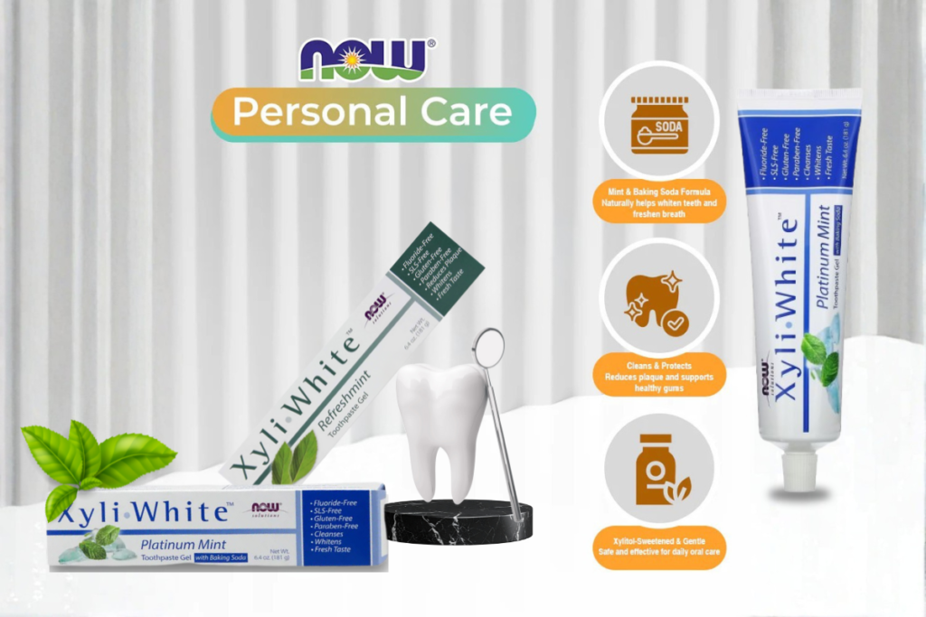7 Best XyliWhite Benefits for a Stunningly Bright Smile NOW Foods Solutions XyliWhite Refreshing Toothpaste Gel Refreshmint tube with a 25% xylitol fluoride-free formula on a toothbrush