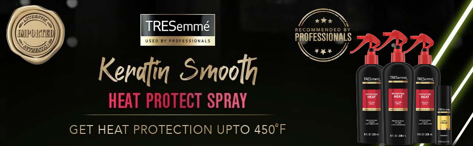 A bottle of TRESemmé Thermal Creations Heat Protection Spray being applied to hair to prevent heat damage.