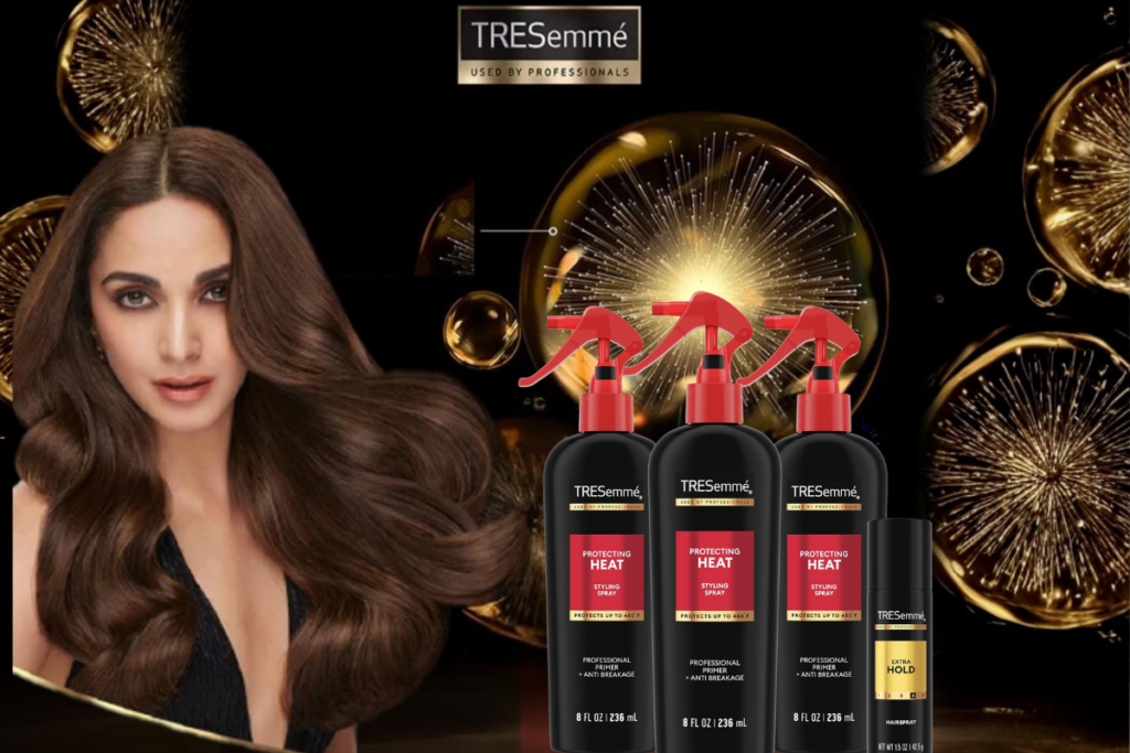 A bottle of TRESemmé Thermal Creations Heat Protection Spray being applied to hair to prevent heat damage.