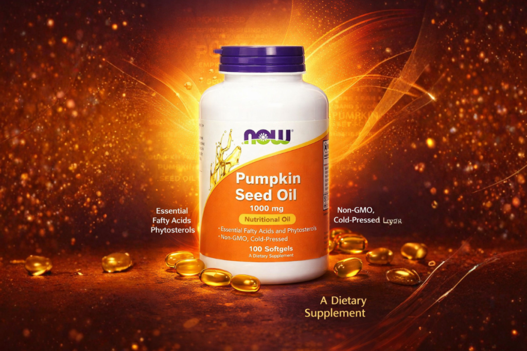 Pure cold-pressed pumpkin seed oil ingredients from NOW Foods vitamins and supplements.