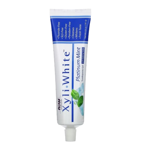 A tube of NOW Foods Solutions XyliWhite Refreshing Toothpaste Gel in Refreshmint flavor featuring a 25% xylitol fluoride-free formula.