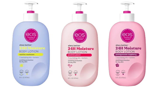 EOS Shea Better 24H Moisture Body Lotion in Vanilla Cashmere on a white tray with a coffee cup and white orchids.