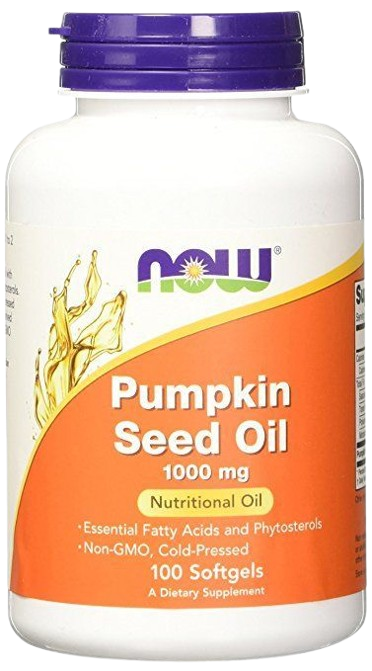 A bottle of NOW Foods Premium Pumpkin Seed Oil 100 softgels for nutritional support.