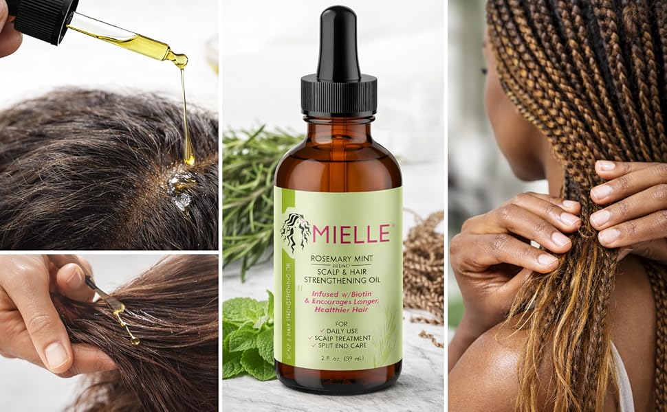 Close-up of a person using a glass dropper to apply Hair Strengthening Oil to their scalp partitions for follicle stimulation and deep nourishment.