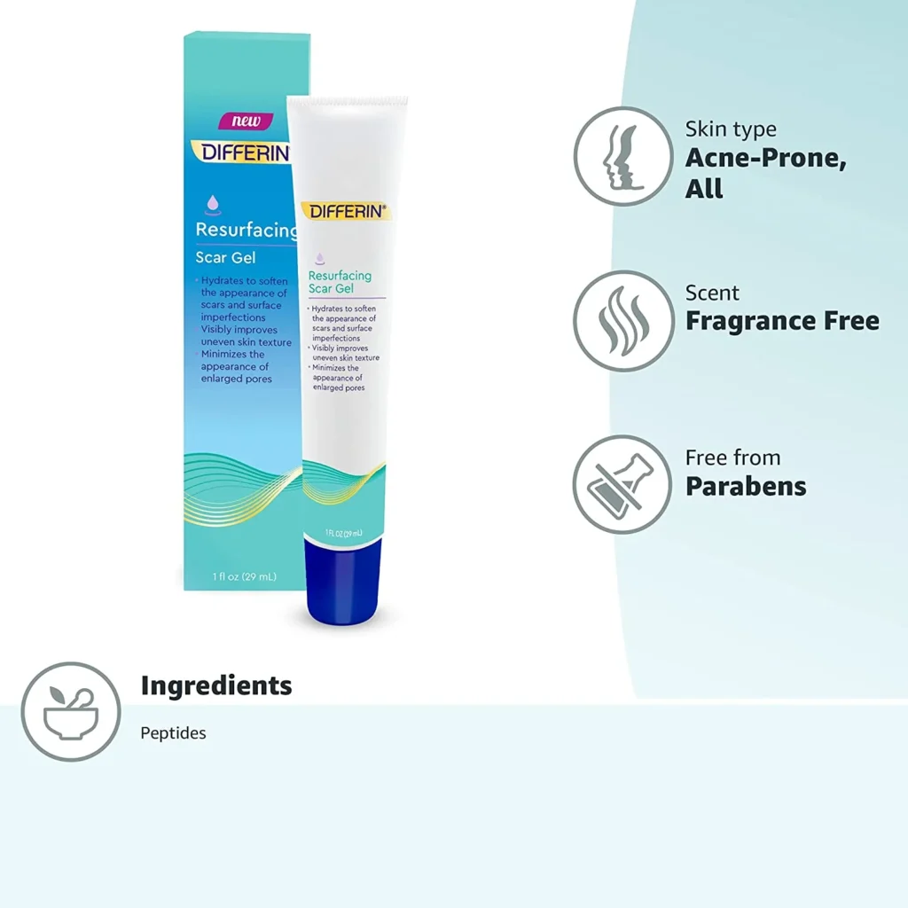Differin Adapalene Gel 0.1% acne treatment tube showing fragrance-free formula for blackheads and clear skin results