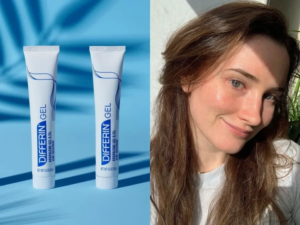 Differin Adapalene Gel 0.1% acne treatment tube showing fragrance-free formula for blackheads and clear skin results
