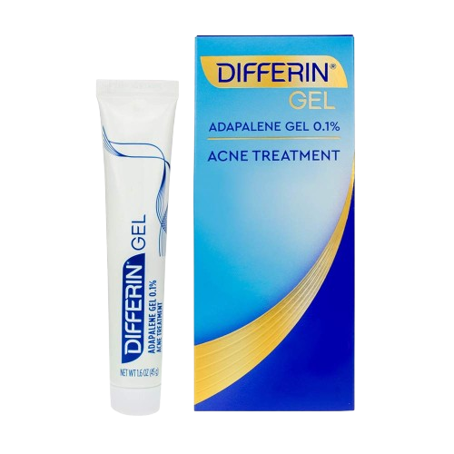 Differin Adapalene Gel 0.1% acne treatment tube showing fragrance-free formula for blackheads and clear skin results