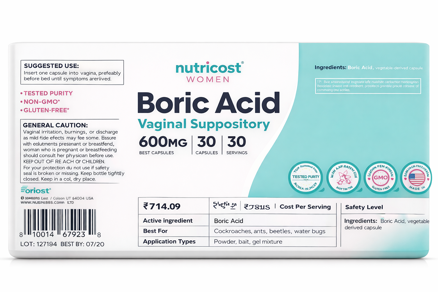 Powerful Boric Acid vaginal suppository packaging.