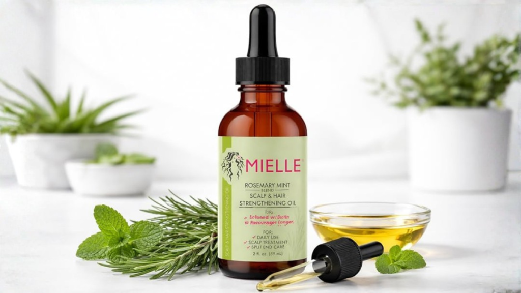 Close-up of a person using a glass dropper to apply Hair Strengthening Oil to their scalp partitions for follicle stimulation and deep nourishment.