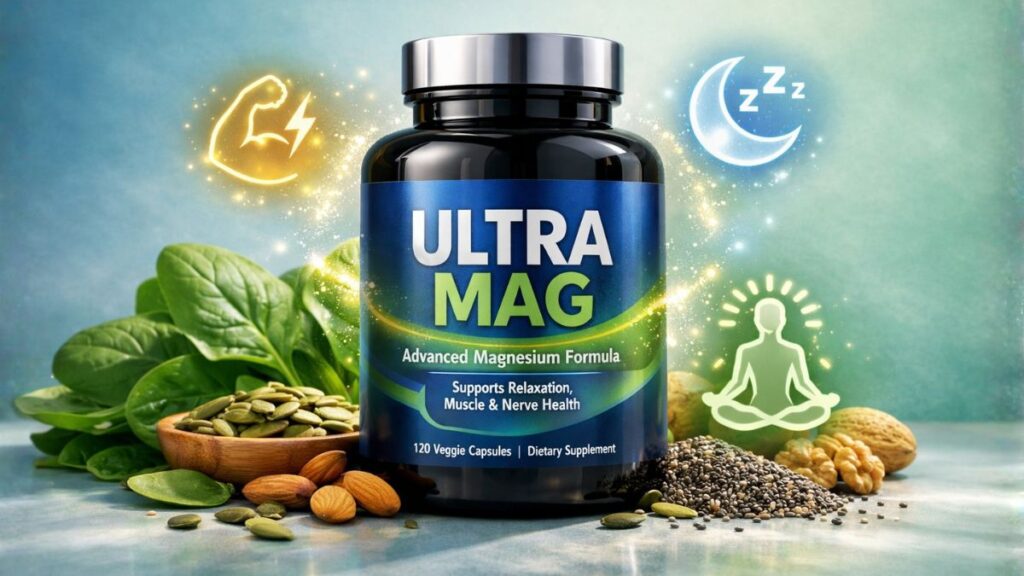 Ultra Mag magnesium supplement bottle by Source Naturals with supplement facts label showcasing bioavailable magnesium for muscle relaxation and nerve support